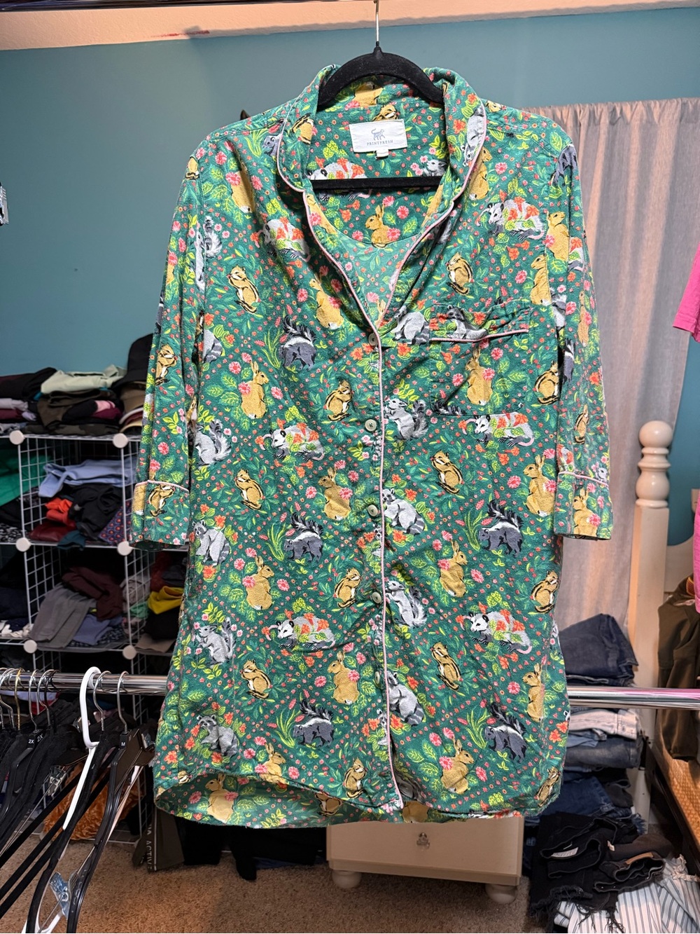 Printfresh Woodland Critters Organic Cotton Pajama Nightshirt XS Green